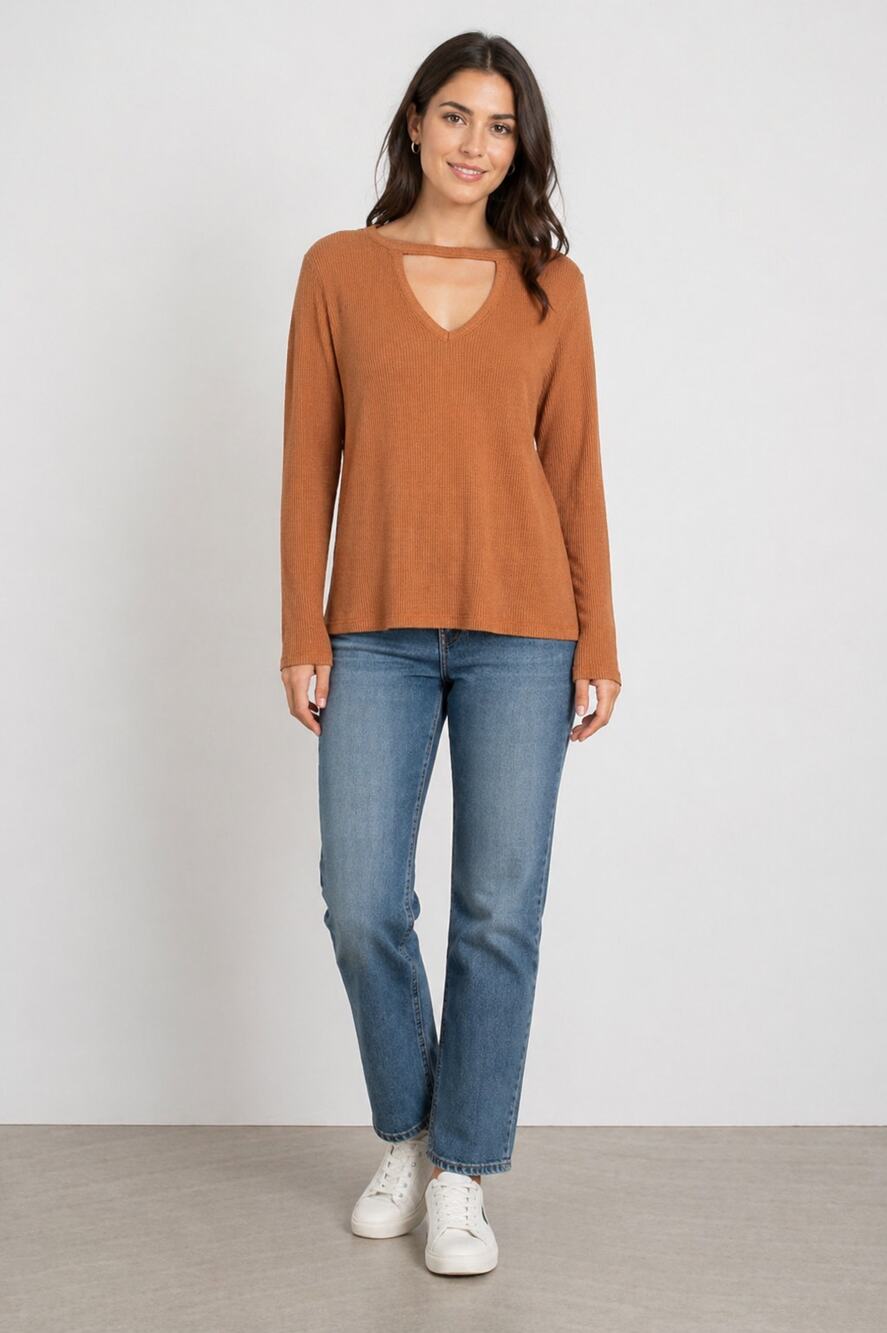 TLA Nadia Cut Out Relaxed Waffle Knit Long Sleeve Shirt Womens XS Terracotta